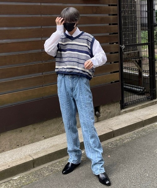 Chikashitsu +（チカシツプラス）の「【Chikashitsu +/チカシツプラス】cropped box border vest/クロップドベスト 短丈ベスト ボーダーベスト Vネックベスト 重ね着 レイヤード ショートベスト（ベスト・メンズ・ブルー/ブラック・ONE SIZE）」の16枚目の写真