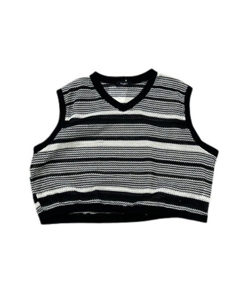 Chikashitsu +（チカシツプラス）の「【Chikashitsu +/チカシツプラス】cropped box border vest/クロップドベスト 短丈ベスト ボーダーベスト Vネックベスト 重ね着 レイヤード ショートベスト（ベスト・メンズ・ブルー/ブラック・ONE SIZE）」の15枚目の写真