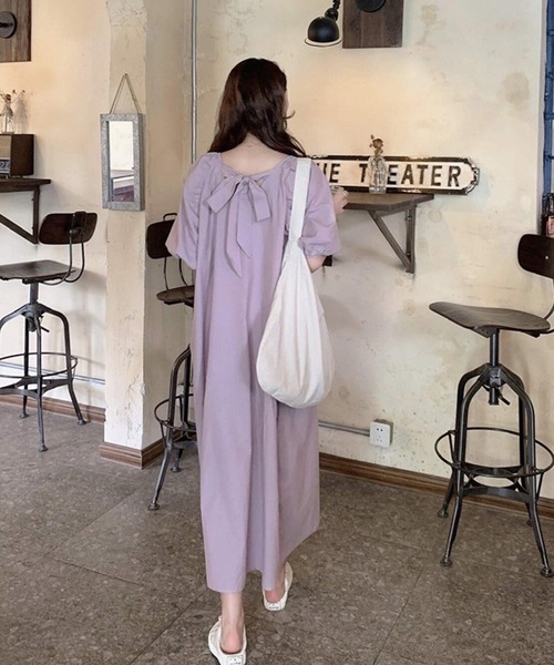 セール】ワンピース 夏 ロング丈 半袖 バックリボン パフスリーブ