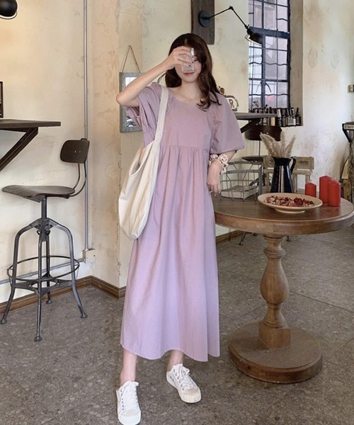 パフスリーブワンピースリボンきれい バックリボンパフスリーブフレアワンピース 全4色 L0007 | LILIANA