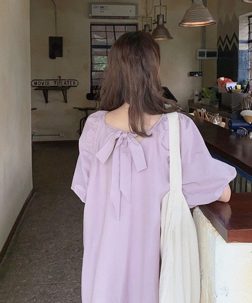 shopnikoniko（ショップニコニコ）の「ワンピース 夏 ロング丈 半袖 バックリボン パフスリーブ リボン（ワンピース・レディース・パープル/ホワイト・フリー）」の15枚目の写真