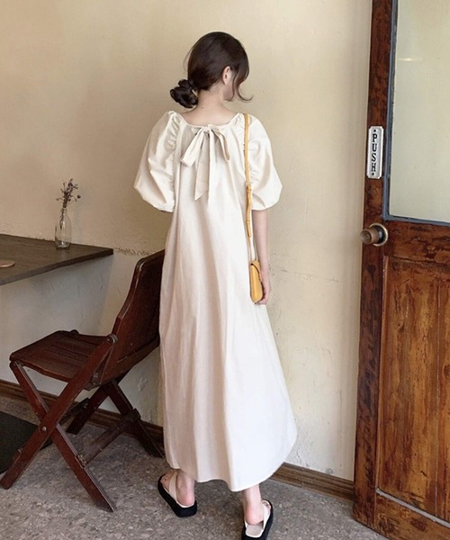 セール】ワンピース 夏 ロング丈 半袖 バックリボン パフスリーブ