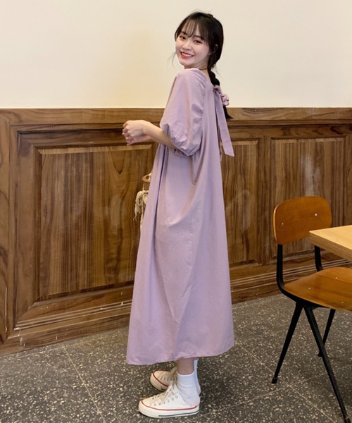 半袖 ワンピース 大きいバックリボン パフスリーブ セール】ワンピース 夏 ロング丈 半袖 バックリボン