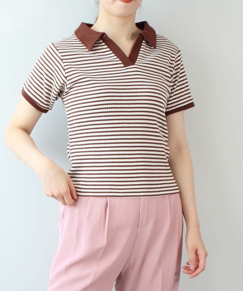 toucher du brise(トゥシェドブリーズ)の「ボーダースキッパー(Tシャツ/カットソー・レディース・モスグリーン/ダークブラウン/オフホワイト・L/M)」の3枚目の写真
