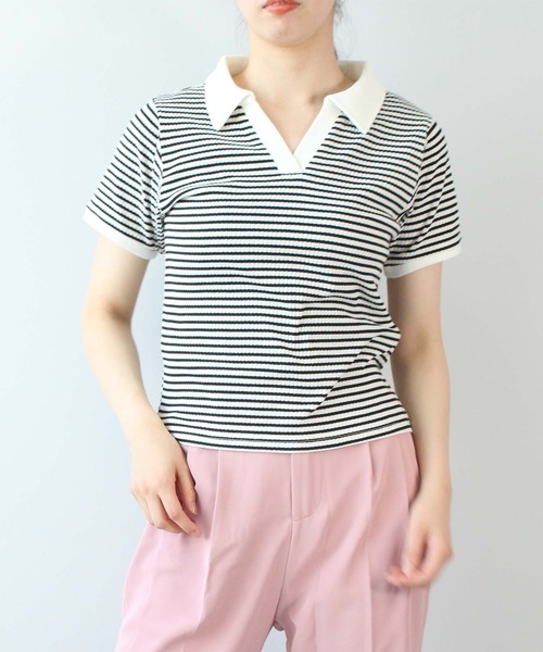 toucher du brise(トゥシェドブリーズ)の「ボーダースキッパー(Tシャツ/カットソー・レディース・モスグリーン/ダークブラウン/オフホワイト・L/M)」の2枚目の写真