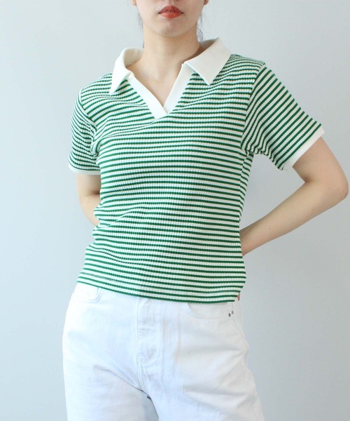 toucher du brise(トゥシェドブリーズ)の「ボーダースキッパー(Tシャツ/カットソー・レディース・モスグリーン/ダークブラウン/オフホワイト・L/M)」の1枚目の写真