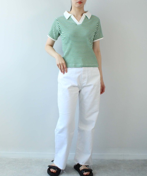 toucher du brise(トゥシェドブリーズ)の「ボーダースキッパー(Tシャツ/カットソー・レディース・モスグリーン/ダークブラウン/オフホワイト・L/M)」の16枚目の写真