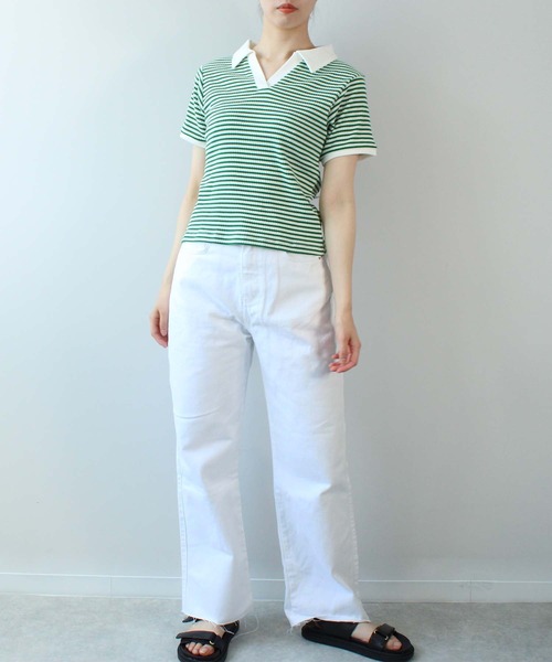 toucher du brise(トゥシェドブリーズ)の「ボーダースキッパー(Tシャツ/カットソー・レディース・モスグリーン/ダークブラウン/オフホワイト・L/M)」の17枚目の写真
