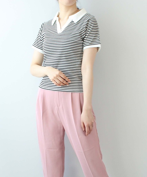 toucher du brise(トゥシェドブリーズ)の「ボーダースキッパー(Tシャツ/カットソー・レディース・モスグリーン/ダークブラウン/オフホワイト・L/M)」の4枚目の写真