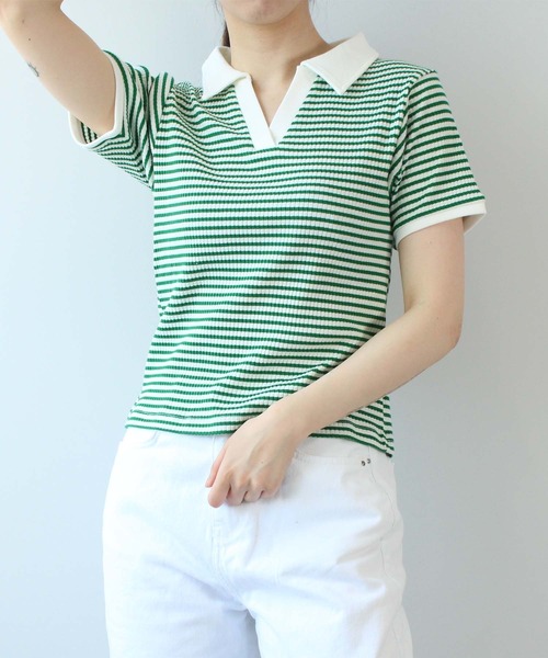 toucher du brise(トゥシェドブリーズ)の「ボーダースキッパー(Tシャツ/カットソー・レディース・モスグリーン/ダークブラウン/オフホワイト・L/M)」の14枚目の写真