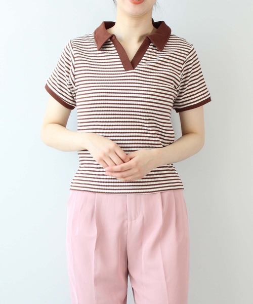 toucher du brise(トゥシェドブリーズ)の「ボーダースキッパー(Tシャツ/カットソー・レディース・モスグリーン/ダークブラウン/オフホワイト・L/M)」の10枚目の写真