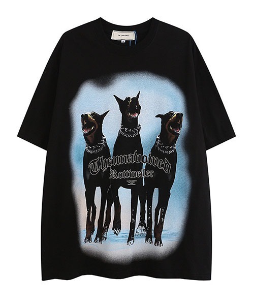 Ressaca(レサーカ)の「DOG ロゴプリントオーバーサイズ半袖犬Tシャツ(Tシャツ/カットソー・メンズ・ブラック/ベージュ・M/L/XL)」の1枚目の写真
