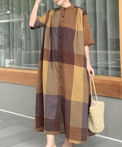 FREE STYLISTS（フリー スタイリスト）の「バンドカラーAラインシャツワンピース（シャツワンピース・レディース・グレー系/ブラウン系・FREE）」の10枚目の写真
