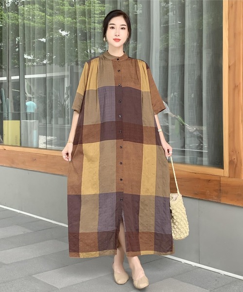 FREE STYLISTS（フリー スタイリスト）の「バンドカラーAラインシャツワンピース（シャツワンピース・レディース・グレー系/ブラウン系・FREE）」の7枚目の写真