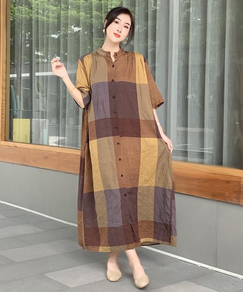 FREE STYLISTS（フリー スタイリスト）の「バンドカラーAラインシャツワンピース（シャツワンピース・レディース・グレー系/ブラウン系・FREE）」の21枚目の写真