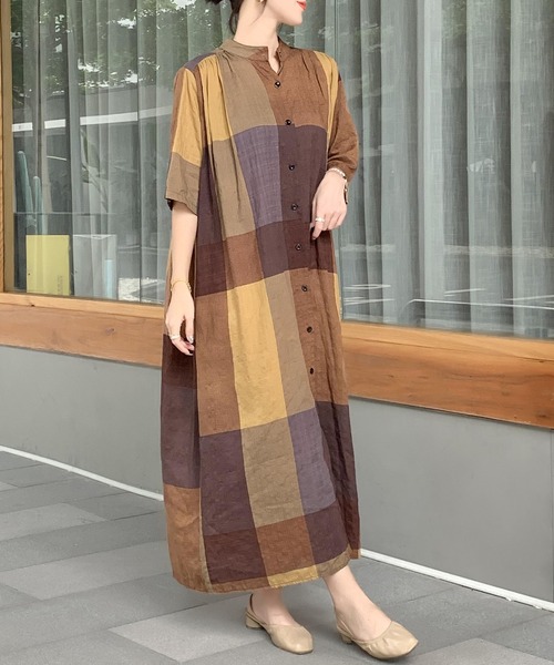 FREE STYLISTS（フリー スタイリスト）の「バンドカラーAラインシャツワンピース（シャツワンピース・レディース・グレー系/ブラウン系・FREE）」の5枚目の写真
