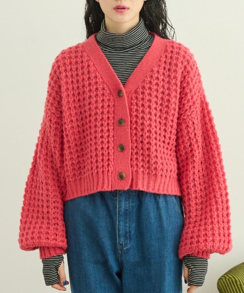 MERLOT（メルロー）の「ワッフル編みカーディガン（カーディガン/ボレロ・レディース・ブラック/レッド/グリーン/ナチュラル・FREE）」の16枚目の写真