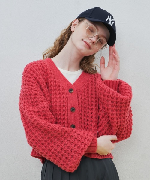 MERLOT（メルロー）の「ワッフル編みカーディガン（カーディガン/ボレロ・レディース・ブラック/レッド/グリーン/ナチュラル・FREE）」の9枚目の写真