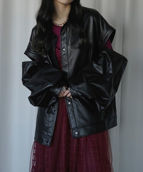 Ezick（エジック）の「2WAYスリーブレザーシャツジャケット（ブルゾン・レディース・ブラック/グレイッシュベージュ・FREE）」の18枚目の写真