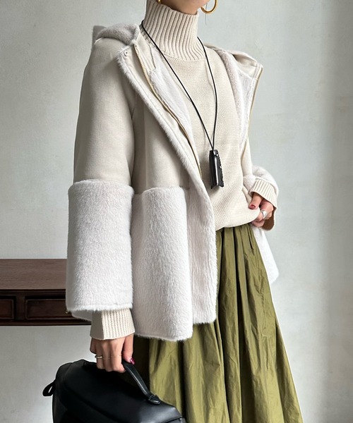 DouDou(ドゥドゥ)の「【WEB限定】フェイクムートン×ファー切替ハーフコート(その他アウター・レディース・ベージュ/モカ・FREE)」の7枚目の写真