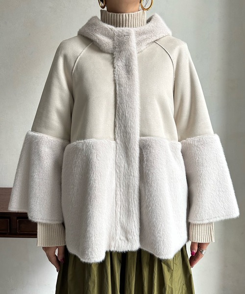 DouDou(ドゥドゥ)の「【WEB限定】フェイクムートン×ファー切替ハーフコート(その他アウター・レディース・ベージュ/モカ・FREE)」の5枚目の写真