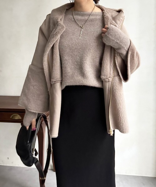 DouDou(ドゥドゥ)の「【WEB限定】フェイクムートン×ファー切替ハーフコート(その他アウター・レディース・ベージュ/モカ・FREE)」の8枚目の写真