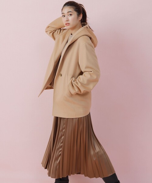 23区ベージュ フード付き コート 23区（大きいサイズ） ウールカシミヤビーバー フード付き ショート