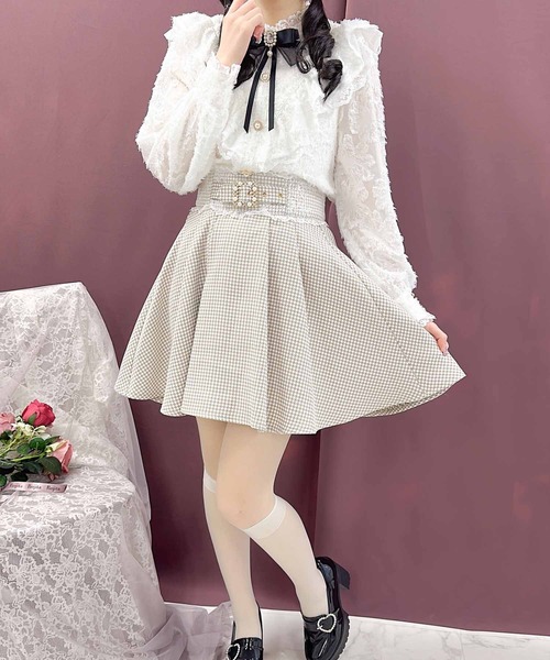 千鳥柄ビジュバックルスカート カラー:ベージュ ロジータ ROJITA 千鳥柄ビジュバックルスカート （ベージュ