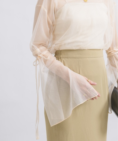 NEUNA(ヌナ)の「【ヌーディーな透け感を楽しむ。】スリットアームシアーリボントップス(Tシャツ/カットソー・レディース・アイボリー/ブラウン/グレイッシュベージュ/ブラック・FREE)」の5枚目の写真