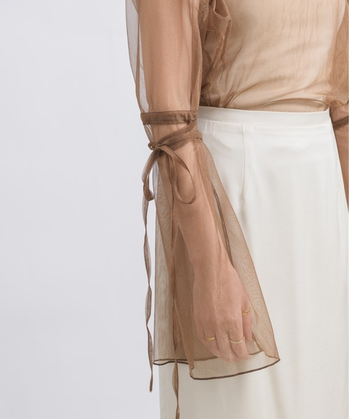 NEUNA(ヌナ)の「【ヌーディーな透け感を楽しむ。】スリットアームシアーリボントップス(Tシャツ/カットソー・レディース・アイボリー/ブラウン/グレイッシュベージュ/ブラック・FREE)」の13枚目の写真