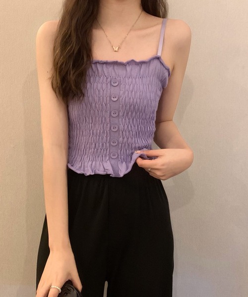 shopnikoniko(ショップニコニコ)の「シャーリング フリル キャミソール トップス(キャミソール・レディース・ブラック/ホワイト/パープル/グリーン/ピンク/ブルー・フリー)」の5枚目の写真