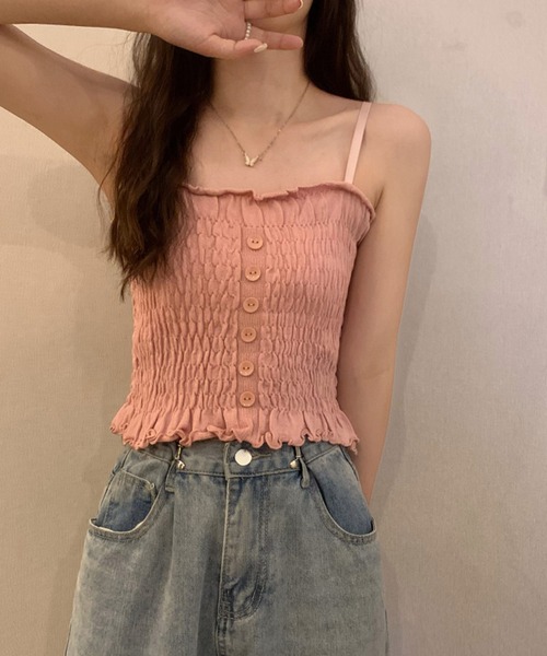 shopnikoniko(ショップニコニコ)の「シャーリング フリル キャミソール トップス(キャミソール・レディース・ブラック/ホワイト/パープル/グリーン/ピンク/ブルー・フリー)」の6枚目の写真