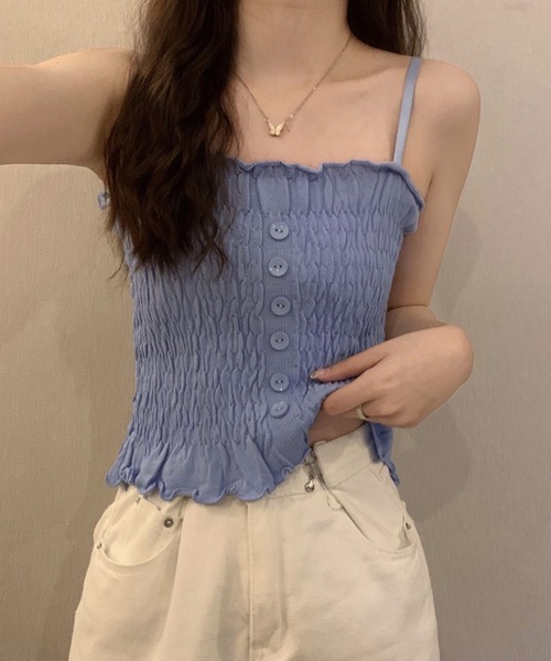 shopnikoniko(ショップニコニコ)の「シャーリング フリル キャミソール トップス(キャミソール・レディース・ブラック/ホワイト/パープル/グリーン/ピンク/ブルー・フリー)」の4枚目の写真