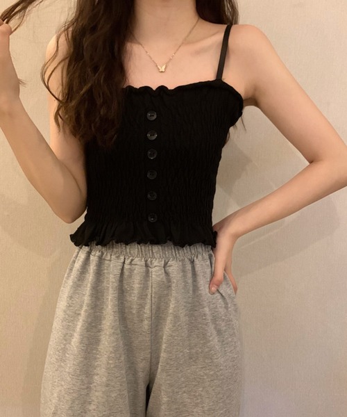 shopnikoniko(ショップニコニコ)の「シャーリング フリル キャミソール トップス(キャミソール・レディース・ブラック/ホワイト/パープル/グリーン/ピンク/ブルー・フリー)」の7枚目の写真