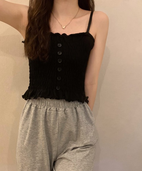 shopnikoniko(ショップニコニコ)の「シャーリング フリル キャミソール トップス(キャミソール・レディース・ブラック/ホワイト/パープル/グリーン/ピンク/ブルー・フリー)」の10枚目の写真