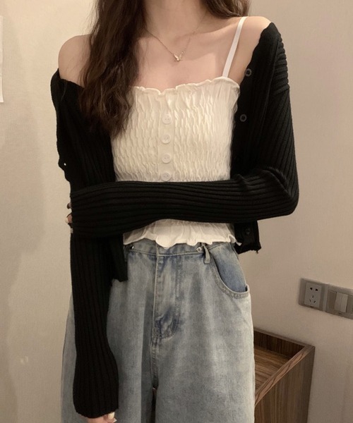 shopnikoniko(ショップニコニコ)の「シャーリング フリル キャミソール トップス(キャミソール・レディース・ブラック/ホワイト/パープル/グリーン/ピンク/ブルー・フリー)」の16枚目の写真