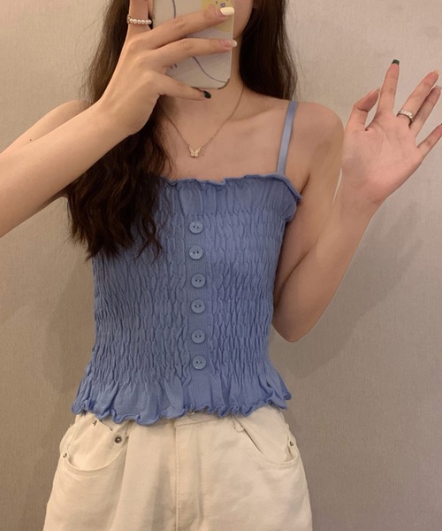 shopnikoniko(ショップニコニコ)の「シャーリング フリル キャミソール トップス(キャミソール・レディース・ブラック/ホワイト/パープル/グリーン/ピンク/ブルー・フリー)」の14枚目の写真