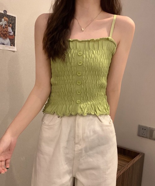 shopnikoniko(ショップニコニコ)の「シャーリング フリル キャミソール トップス(キャミソール・レディース・ブラック/ホワイト/パープル/グリーン/ピンク/ブルー・フリー)」の11枚目の写真