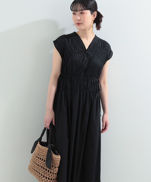 美品 ボールジィ ウエストマーク ギャザー フレンチスリーブ ワンピース◆黒 ガール GIRL オーガンジー切り替えギャザースリーブフレアロング