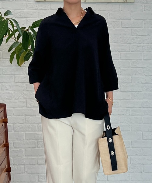 un dix cors(アンディコール)の「麻調スキッパーフリルブラウス(シャツ/ブラウス・レディース・ブラック/オフホワイト・FREE)」の21枚目の写真