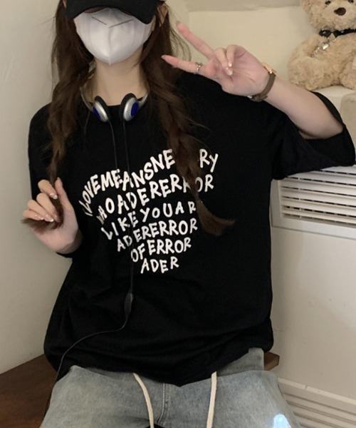 セール】100％コットン ハート形プリント英文字ロゴTシャツ