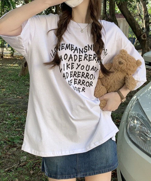 セール】100％コットン ハート形プリント英文字ロゴTシャツ