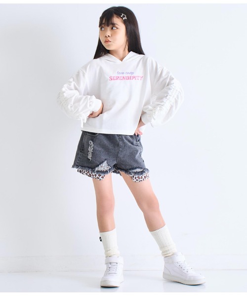 ANAP kids（アナップキッズ）の「袖シャーリングミニ裏毛フーディ（パーカー・キッズ・ライトグレー/ホワイト/サックスブルー・130cm/120cm/110cm）」の7枚目の写真