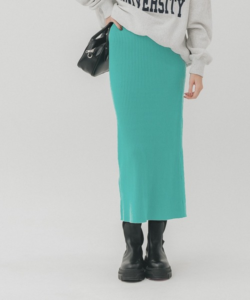 coca（coca）（コカ）の「リブニットロングスカート（スカート・レディース・ブラック/チャコール/ターコイズブルー/グレイッシュベージュ/ライトブルー・ONE SIZE/SHORT/LONG）」の5枚目の写真