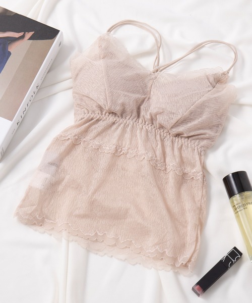 SETUP7（セットアップセブン）の「【SETUP7】フリルレース刺繍カップ付きキャミソール KNF049 ※（キャミソール・レディース・ベージュ/ブルー/グリーン/グレー/ホワイト/ブラック・FREE）」の4枚目の写真