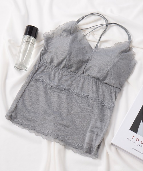 SETUP7（セットアップセブン）の「【SETUP7】フリルレース刺繍カップ付きキャミソール KNF049 ※（キャミソール・レディース・ベージュ/ブルー/グリーン/グレー/ホワイト/ブラック・FREE）」の3枚目の写真