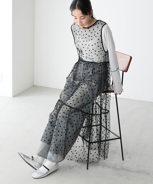 フロッキードットチュール切り替え２ＷＡＹリボンオフショル風マーメイドワンピース フロッキードットチュール切り替え2WAYリボンオフショル風