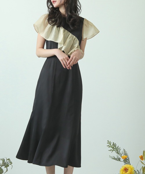 Kana（カナ）の「デコレーション フリルシフォン マーメイド ワンピース パーティー ドレス 結婚式 お呼ばれ オケージョン（ドレス・レディース・ブラック×ベージュ/ブラック/ブルー・M）」の10枚目の写真