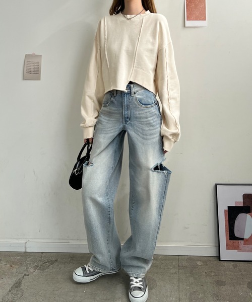 Futier land（フューティアランド）の「アシンメトリーダメージショートプルオーバー（スウェット・レディース・ライトイエロー/アイボリー/ブラック・FREE）」の2枚目の写真