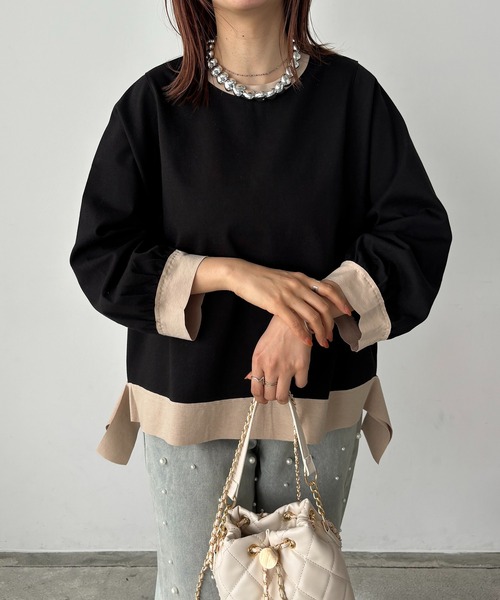 antic rag（アンティックラグ）の「リボンバイカラープルオーバー（Tシャツ/カットソー・レディース・ベージュ/アイボリー/ブラック・FREE）」の2枚目の写真